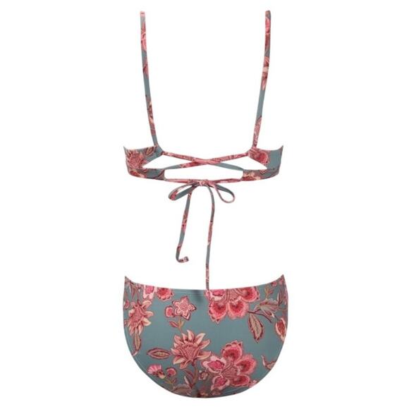Cupshe Women Floral Bikini Small Gray Red Two-Piece V-Neck Crossback Tie Cheeky - Picture 5 of 9